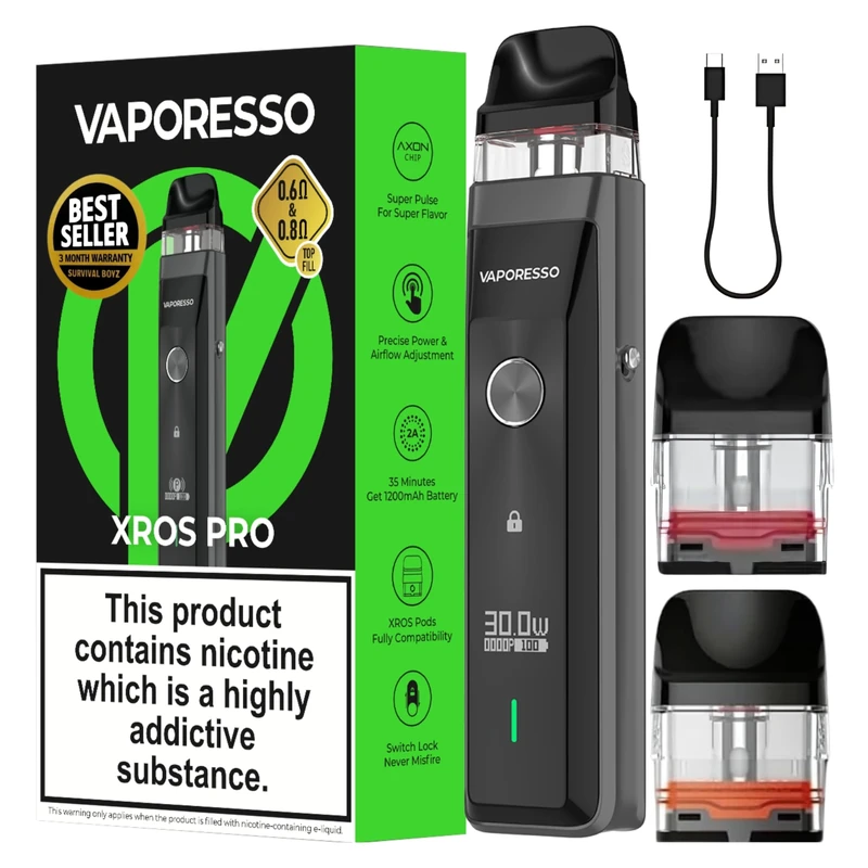 Vaporesso Xros Pro Pod Vape Kit [Black] - Available in 9 Colours - 1200mAh Battery, 2A Fast Charging (35 Min), 30W Output, First Super Pulse Pod - Works with all XROS Pods - No Nicotine