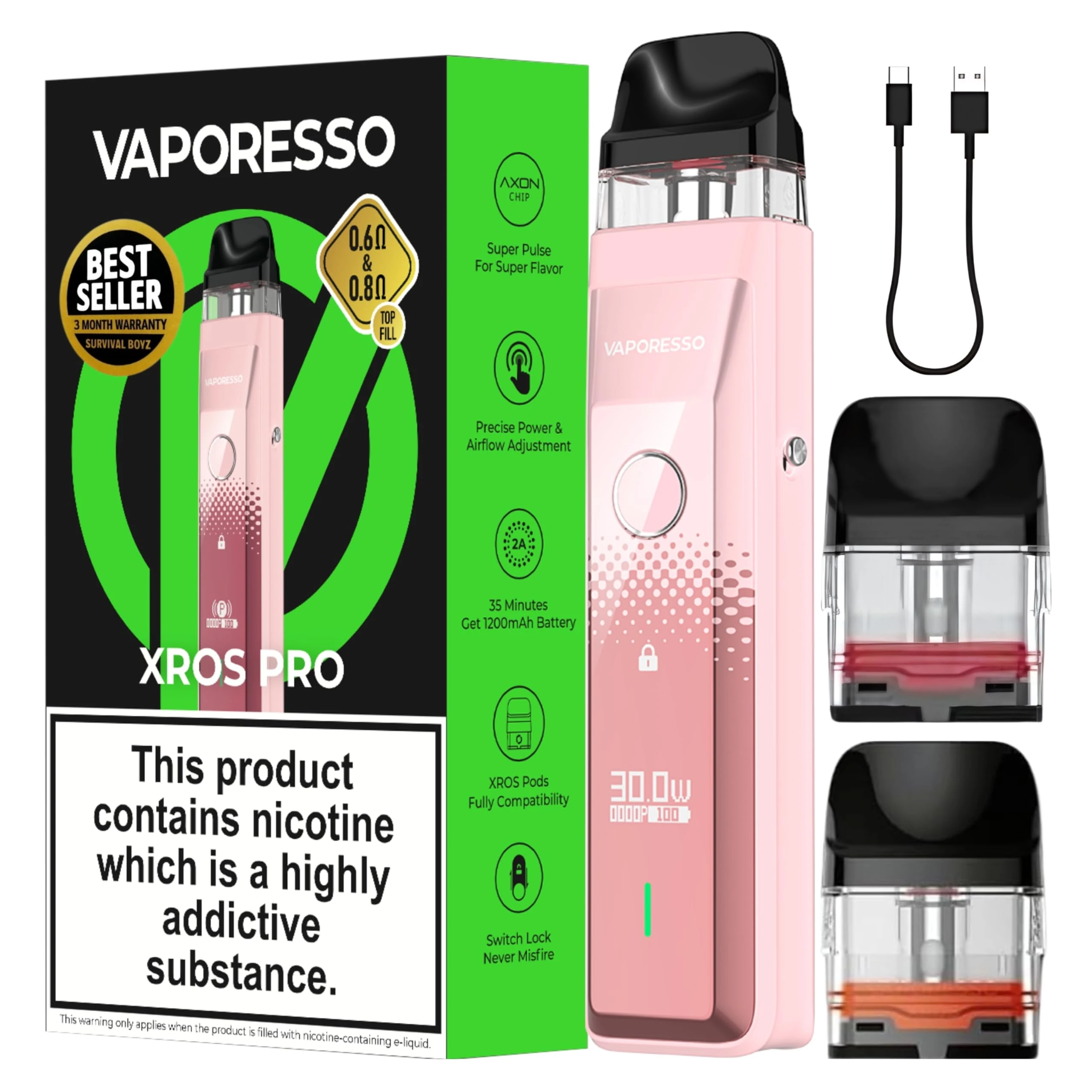 Vaporesso Xros Pro Pod Vape Kit [Pink] - Available in 9 Colours - 1200mAh Battery, 2A Fast Charging (35 Min), 30W Output, First Super Pulse Pod - Works with all XROS Pods - No Nicotine