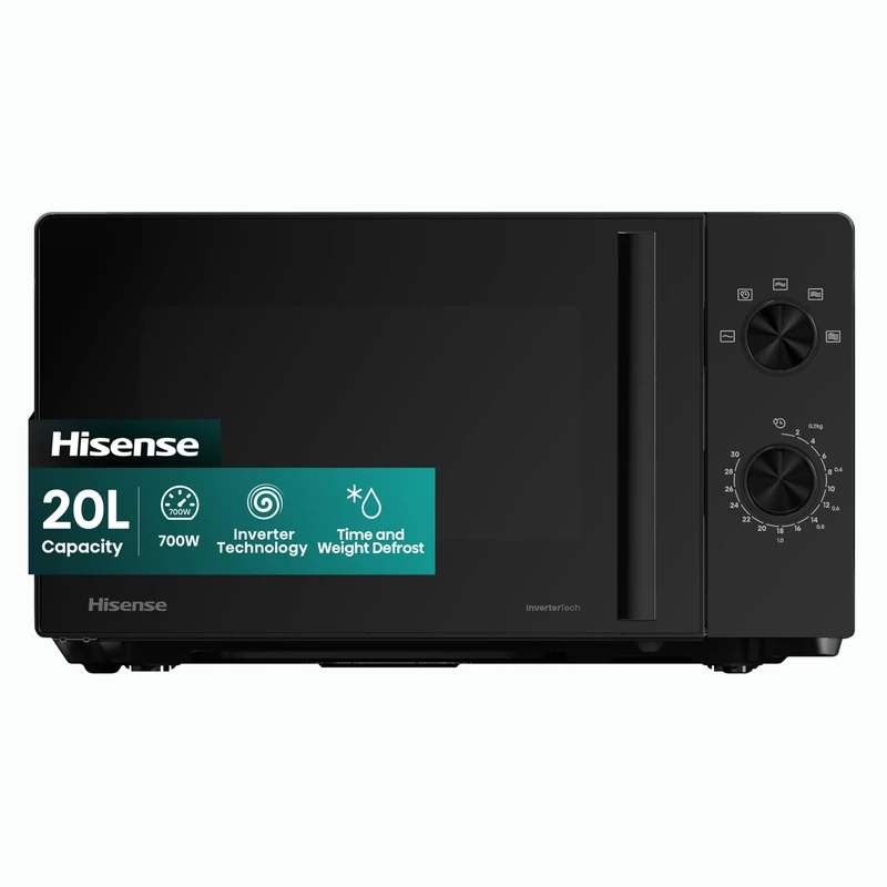 Hisense 700 Watts 20 Litre Inverter Microwave Oven H20MOBP1HIUK Black, Automatic Defrost, 5 power levels, Easy Clean, H24.1 x W43.4 x D32.9 cm Freestanding