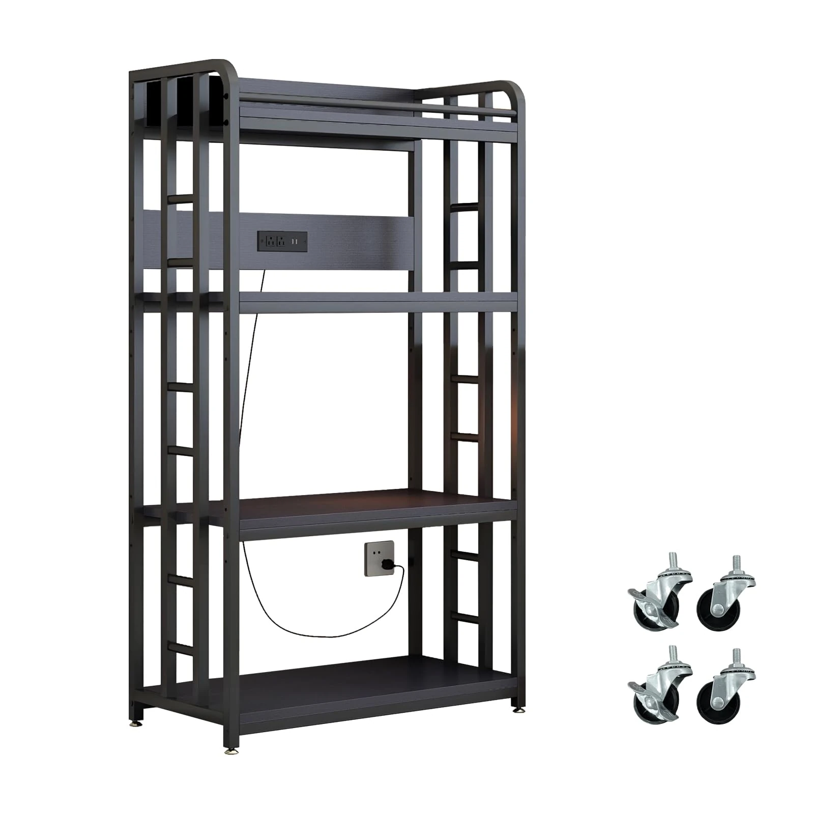 METYERRY Adjustable 4-Tier Heavy Duty Kitchen Baker's Rack with Power Outlet, with Industrial Wheels, Free Standing Microwave Oven Cart Stand for Storage, Garage, Mini Fridge Stand, Black