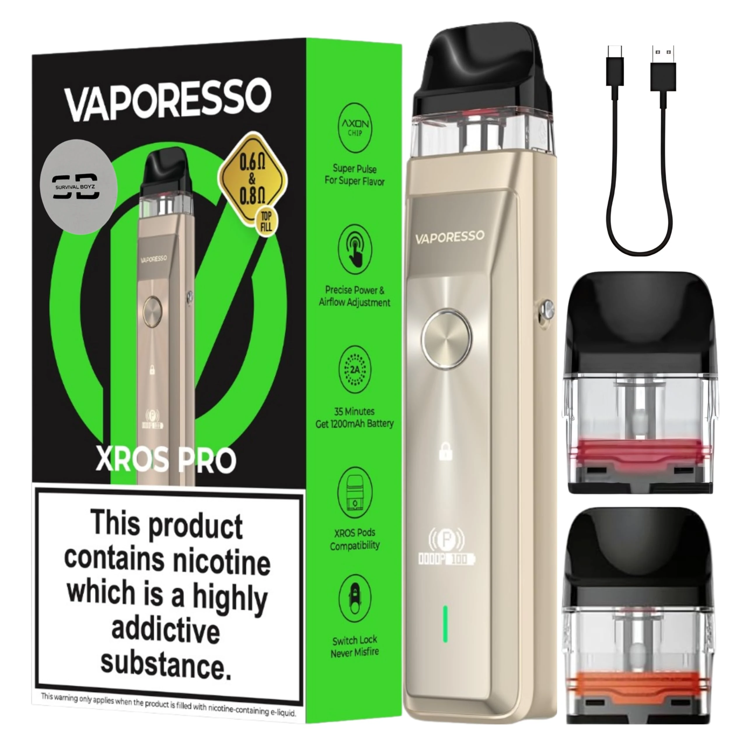 Vaporesso Xros Pro Pod Vape Kit [Champagne Gold] - Available in 9 Colours - 1200mAh Battery, 2A Fast Charging (35 Min), 30W Output, First Super Pulse Pod - Works with all XROS Pods - No Nicotine