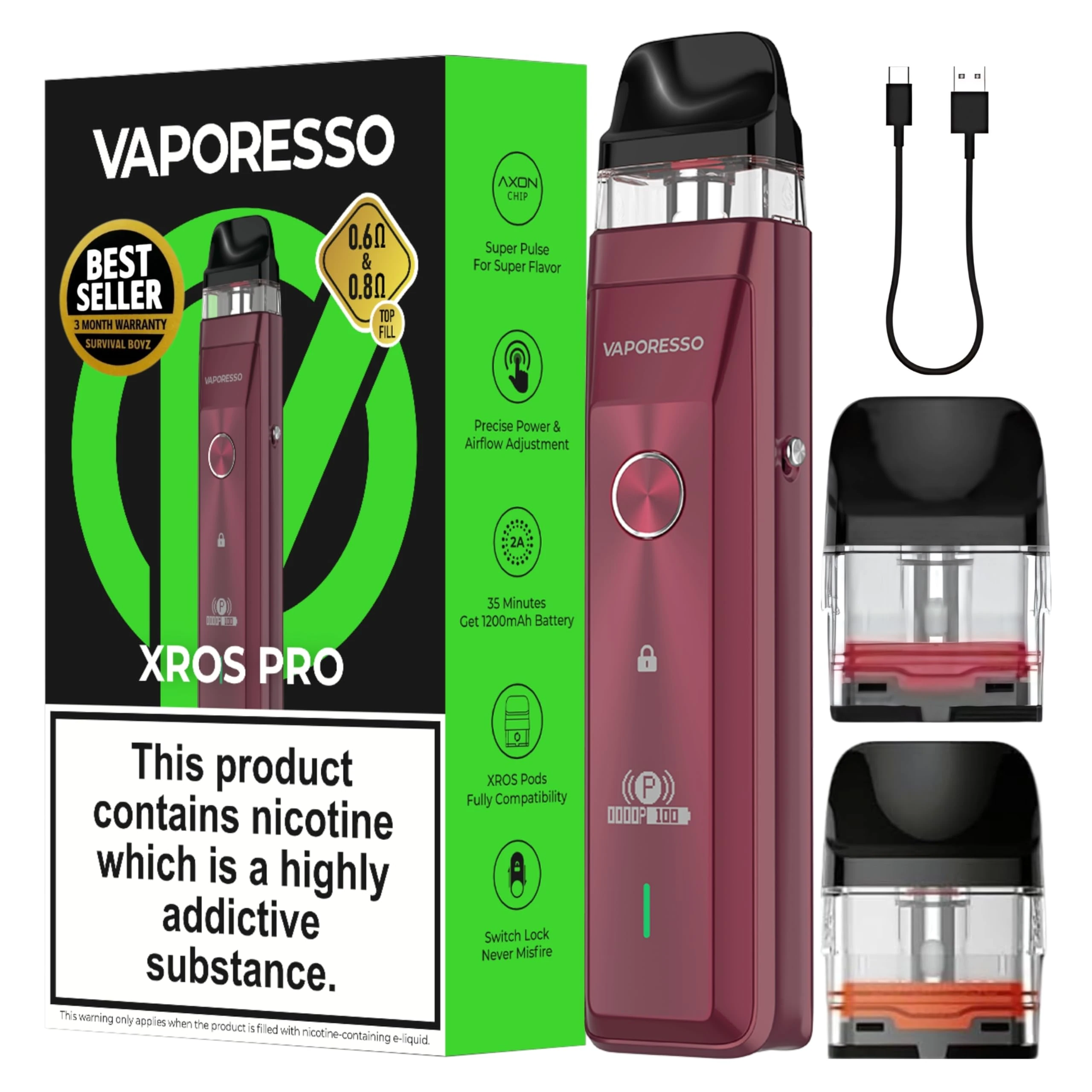 Vaporesso Xros Pro Pod Vape Kit [Red] - Available in 9 Colours - 1200mAh Battery, 2A Fast Charging (35 Min), 30W Output, First Super Pulse Pod - Works with all XROS Pods - No Nicotine