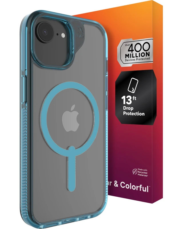 ZAGG Santa Cruz Snap Case for iPhone 16e/ 15/14/ 13 - Slim, 13ft Drop Protection, Wireless Charging Compatible, Graphene Strength, 70% Recycled Material, Anti-Scratch, Secure Grip, Clear, Retro Blue