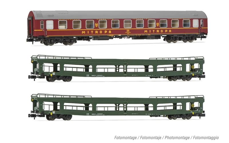 Arnold HN4424 DR, 3-unit pack OSShD type B coaches, Spree-Alpen-Express, set 2 of 2, green and red livery, epIV, 1 x WR plus 2 x DDm Passenger Coaches