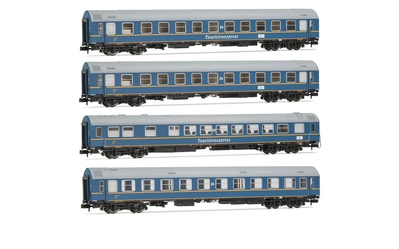 Arnold HN4420 DR, 4-unit pack OSShD type B coaches Touristen-Express, set 1 of 2, blue livery, epIII, 2 x WLAB plus 1 x WR plus 1 x Salon Passenger Coaches