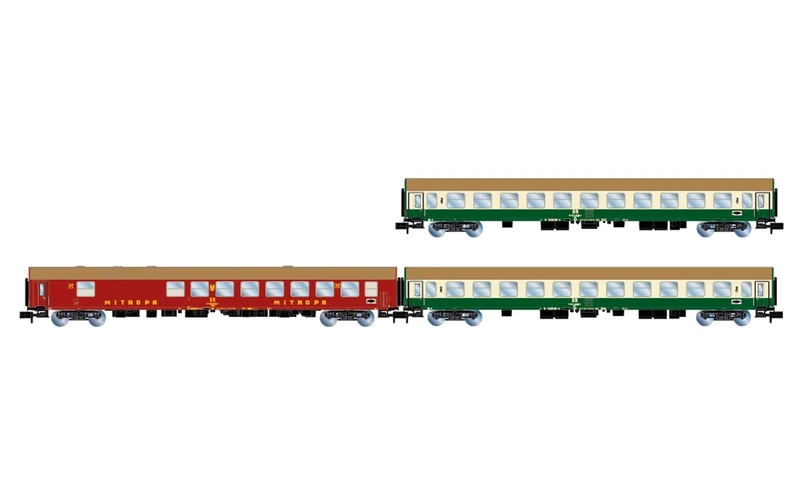 Arnold HN4436 D242 Paris – Berlin – Warszawa, 3-unit pack 1, 2, 1 x WRm130 DR red, 2 x Bm DR green, beige, epIV Passenger Coaches
