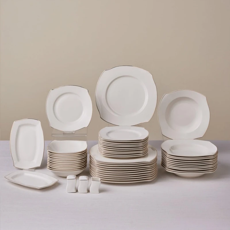 Karaca Wave Square Bone China - 53-Piece White Dinner Plate Set for 12 People, Modern Plates and Bowls Set, Dinnerware Sets with Square Dinner, Dessert, Side Plates & Pasta Bowls - Gold Detailing