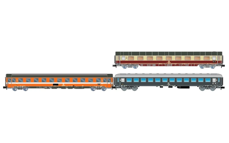 Arnold HN4468 DB, FS, 3-unit pack Alpen-Express Rome – Munich, Avmz 111 plus Eurofima 2nd cl, C1 plus UIC-X 64 2nd cl, grey, epIV Passenger Coaches