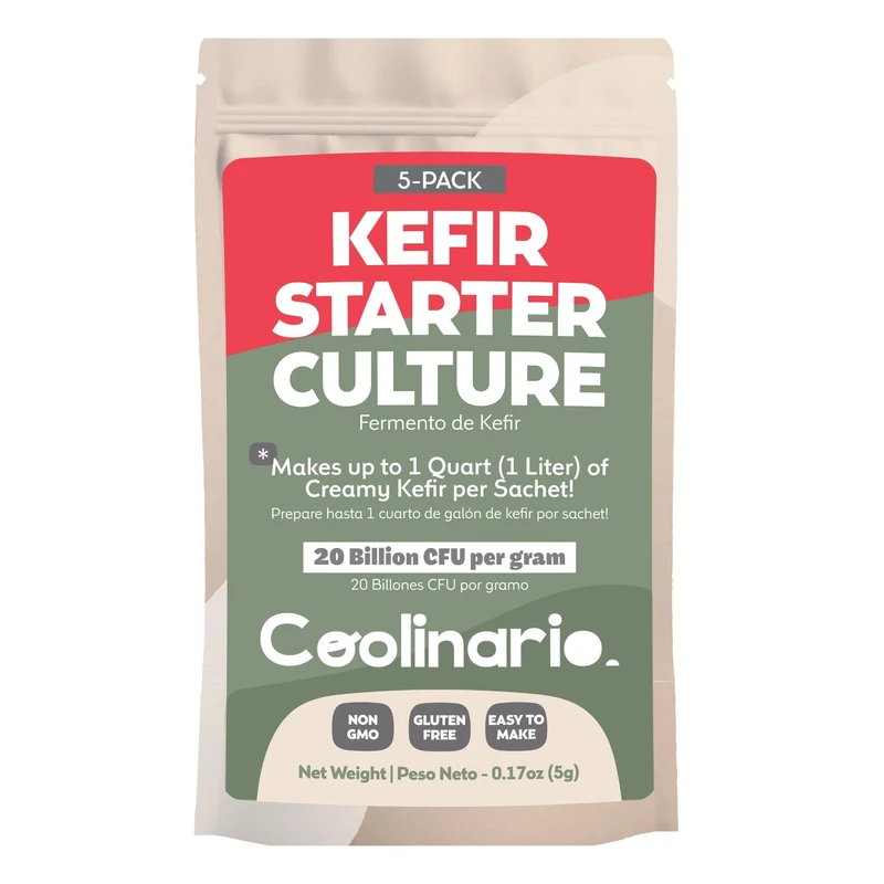 Coolinario Kefir Starter Culture (5-Pack, 1.5g Sachets) Live Probiotic Cultures for Homemade Kefir | Smooth, Creamy & Tangy | Non-GMO, No Preservatives, Gluten Free