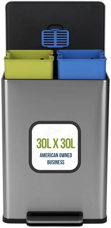 Simpli-Magic 60 Liter / 16 Gallon Rectangular Hands-Free Dual Compartment Recycling Kitchen Step Trash Can with Soft-Close Single Lid, Stainless Steel (30L x 30L Capacity)