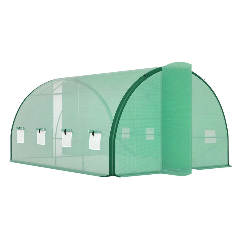 Outsunny 4 x 3 m Walk-in Polytunnel Greenhouse with Upgraded Structure, 2 Hinged Doors, 8 Mesh Windows, Tunnel Warm House Tent with UV-resistant PE Cover, Green