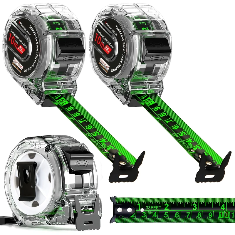 2 Pack 10M Fluorescent Steel Tape Measure - Retractable Stainless Steel Measuring Tape, Self-Lock Precision 10 Metre Tape Measure, Double-Sided Graduated, 25mm Width, Waterproof Metric Ruler