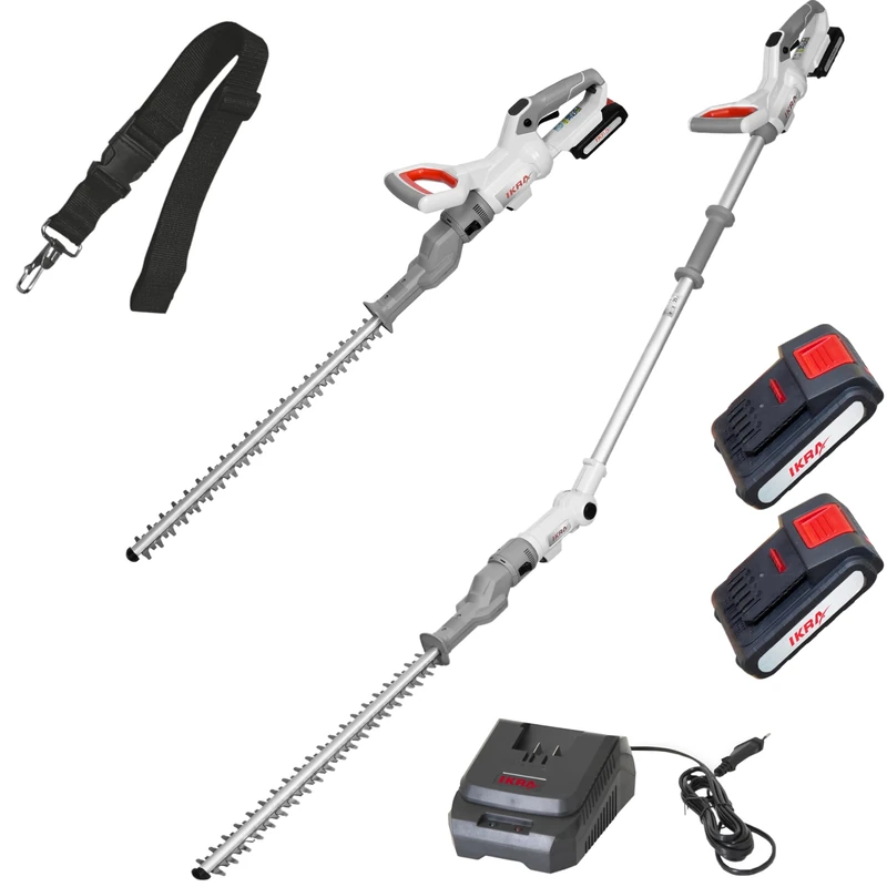 IKRA 2in1 hedge trimmer without cable ICPH 2050 with telescopic handle for high hedges, incl. 2x 20V battery, fast charging station & shoulder strap