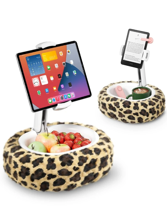Viozon Kindle Holder, Tablet Pillow Stand, Compatible with 4-11" Tablet/Phone with Snack Bowl, Adjustable, Foldable, Kindle Accessories, Idea for Reading in Bed & Watching Video, Leopard Print