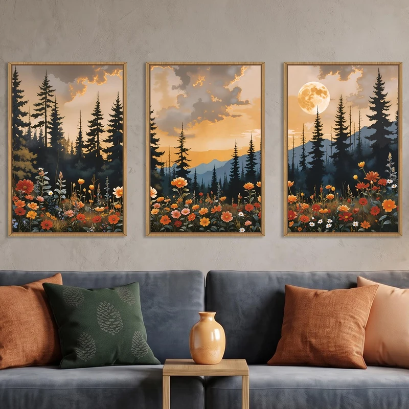 KAIRNE Mountain Wildflower Landscape Framed Canvas Wall Art Set,Vintage Moon Pine Tree Wall Decor,Rustic Forest Art Prints,Retro Scenery Artwork for Living Room,Bedroom,Farmhouse,Office-16 x24 x3