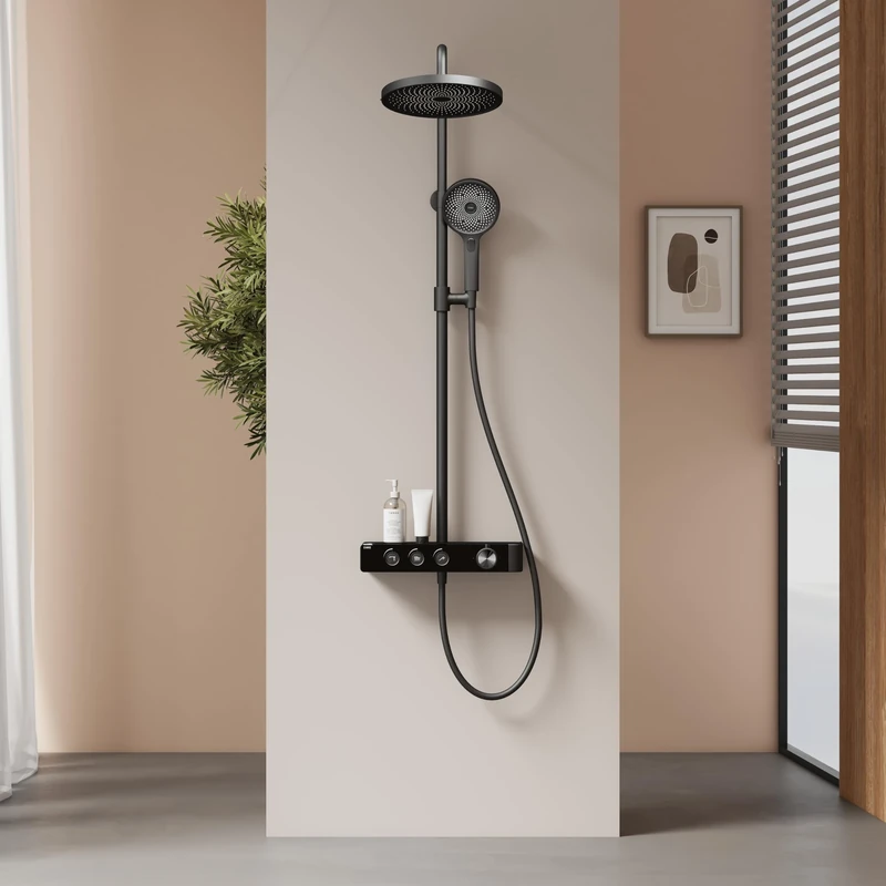 EMKE Thermostatic Shower Column, 3-Function Hand Shower, Extra Large Shower Head, 260 mm, Water Flow Adjustment, 355 x 400 x 1100 mm, Matte Black