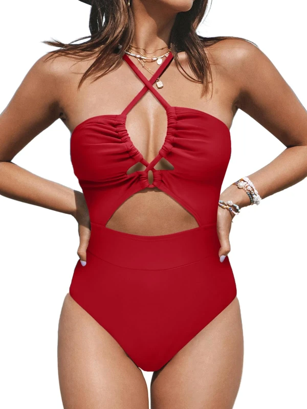 CUPSHE Women's One Piece Swimsuit Plunge Neckline Cutout Criss Cross Bathing Suit Sexy Swimwear Red XS