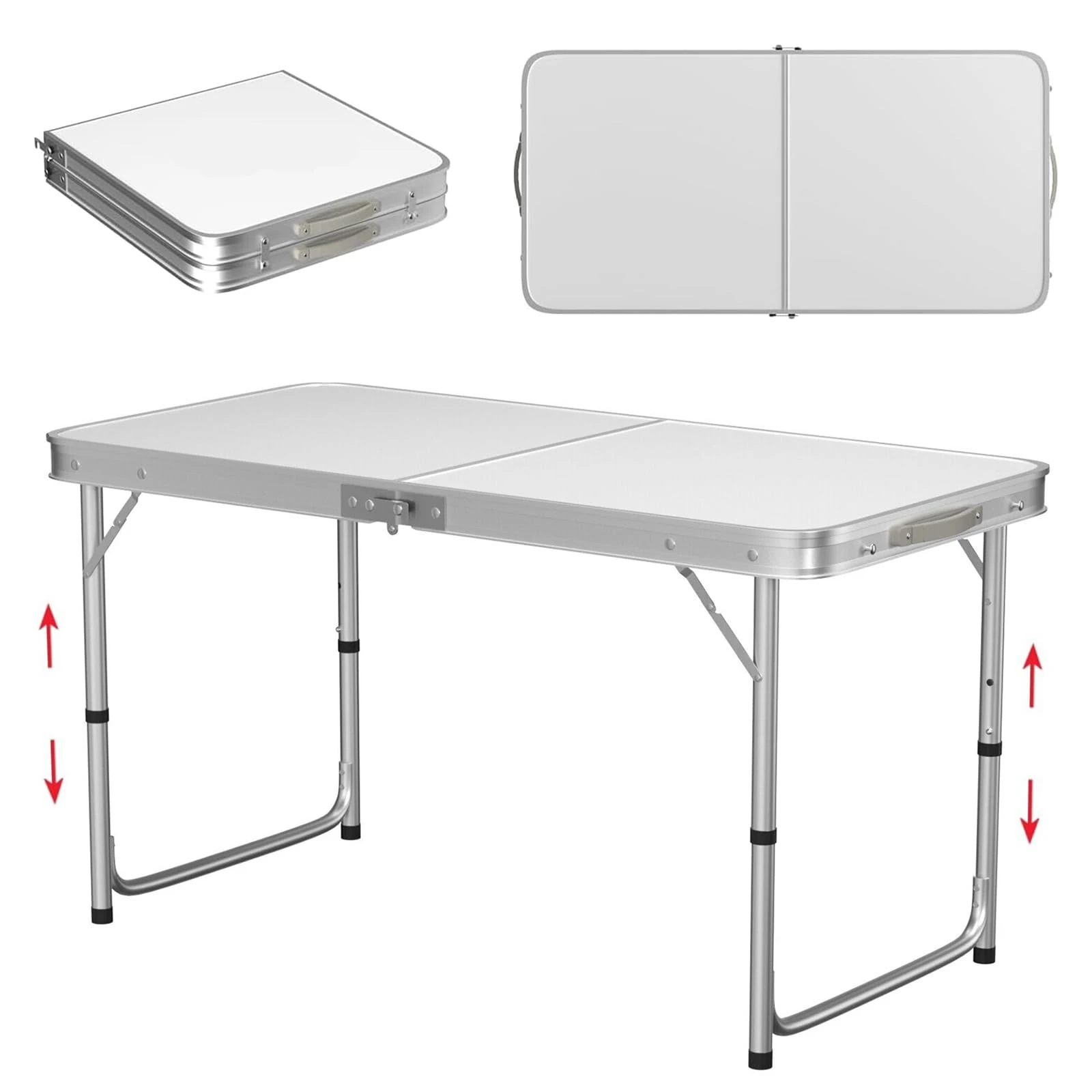 4ft Folding Table, 3 Adjustable Heights Camping Table (55/62/70 cm), Aluminum Trestle Table with Load Capacity of 50kg, Portable Picnic Table with Carrying Handle Perfect for Indoor and Outdoor Use