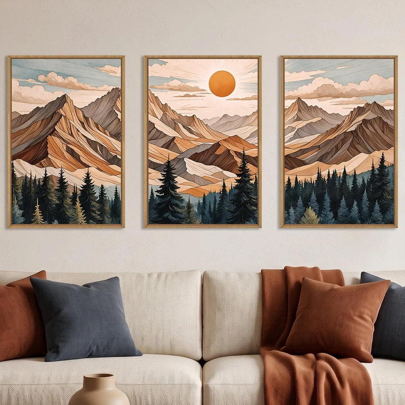 KAIRNE Large Mountain Framed Canvas Wall Art Set, Woodcut Pine Tree Wall Decor, Nature Wilderness Wall Painting, Modern Brown Ridge Art Prints for Living Room, Bedroom, Dining Room - Large 24"x36"x3