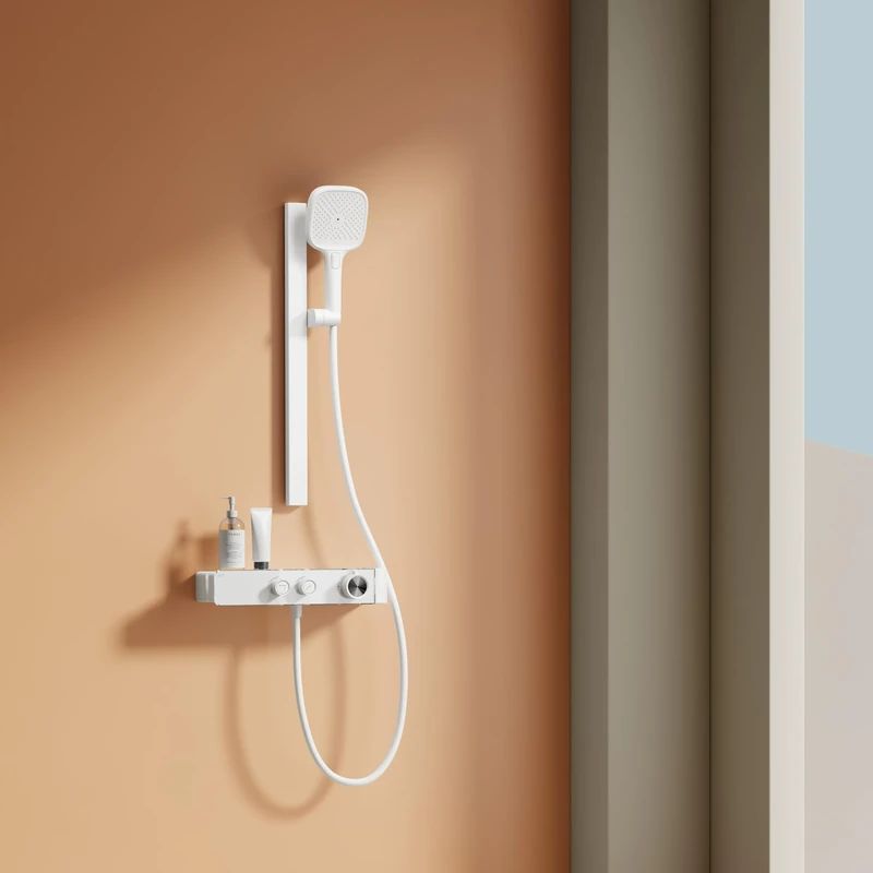 EMKE Thermostatic Shower Column, Water Flow Adjustment, 3 Functions Hand Shower, Adjustable Design for All Spaces, 355 x 150 x 1150 mm, Matte White, Flexible Installation