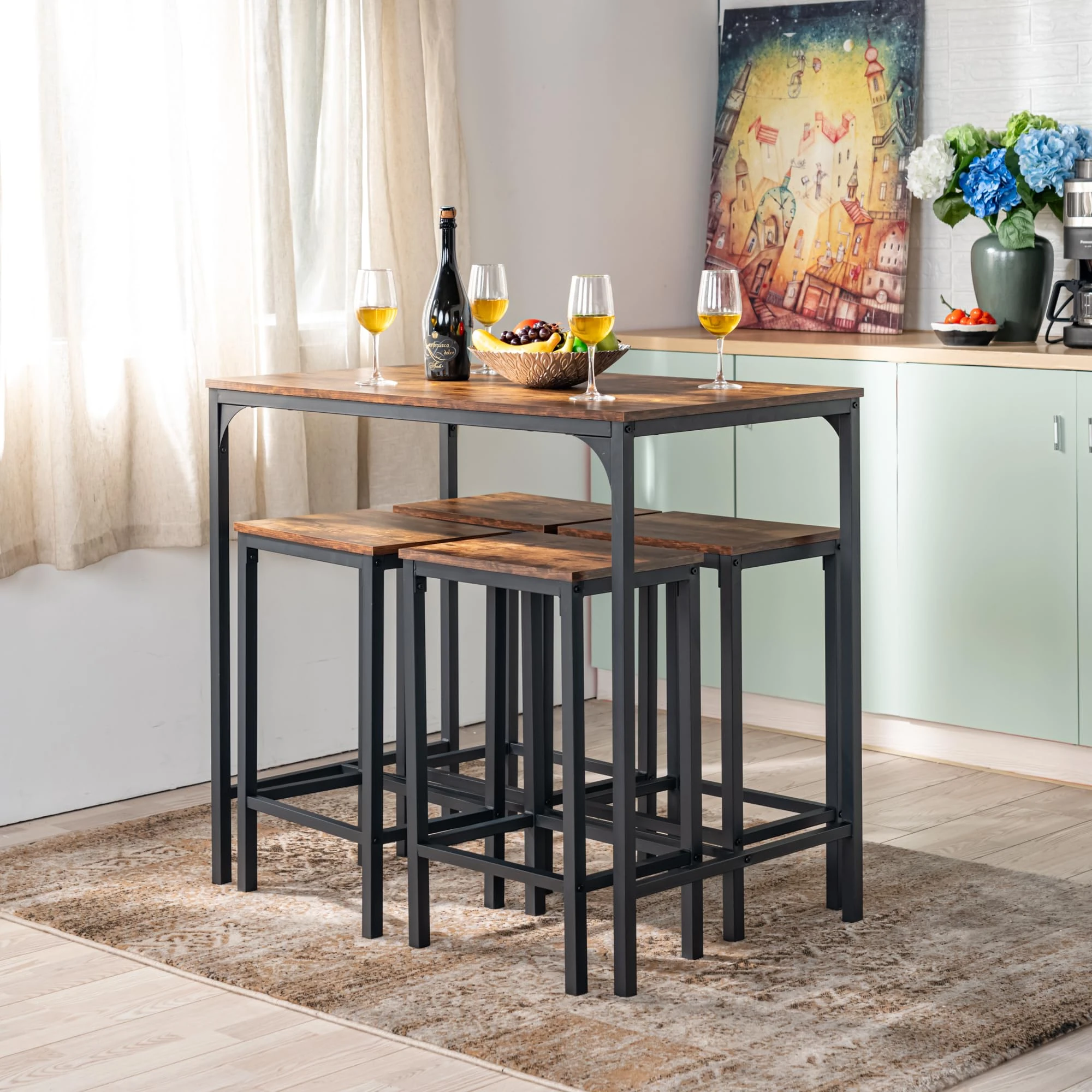 FurnitureR Bar Table Bar Stool Set, Bar Set with 4 Stools, Industrial Style, Suitable for Kitchen, Dining Room, Living Room, Pub, Bar Table 100 x 60 x 90 cm, 4 Bar Stools 40 x 30 x 65