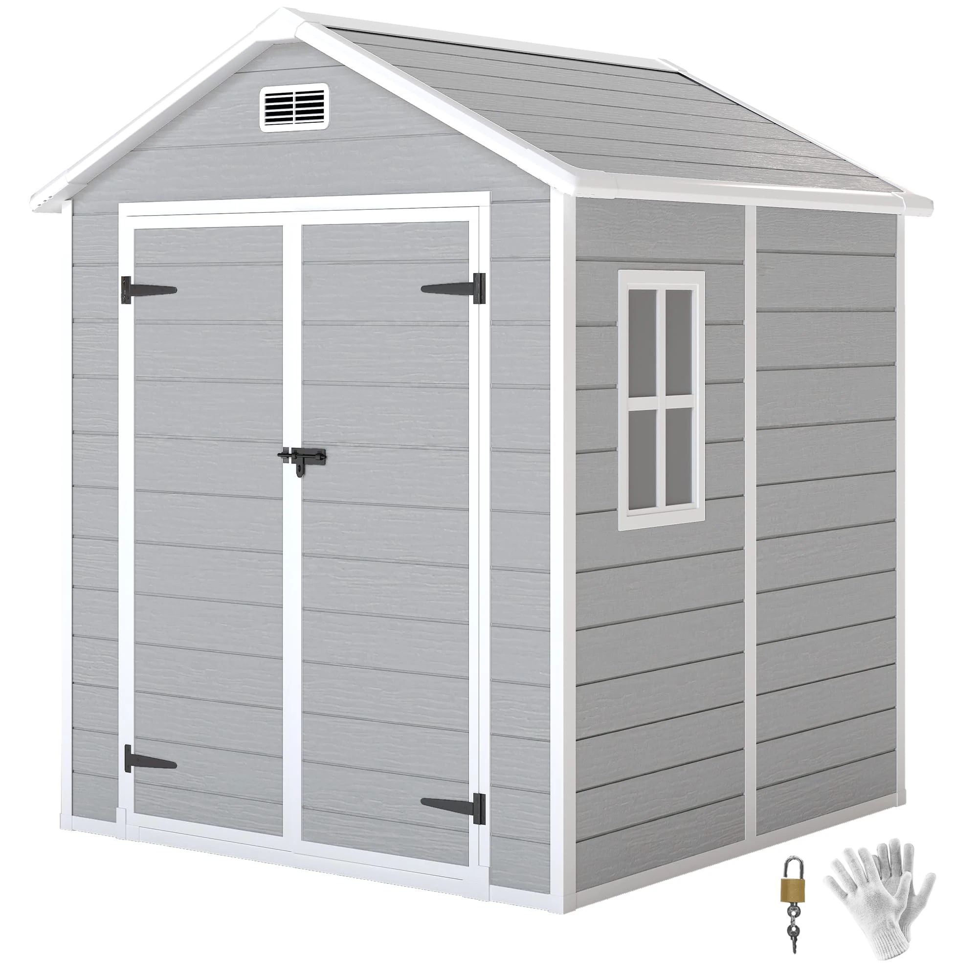 Outsunny 6 x 5ft Garden Shed with Floor, Window, Lockable Doors and Vents, Wood Effect Resin Tool Storage for Outdoor Patio, Light Grey