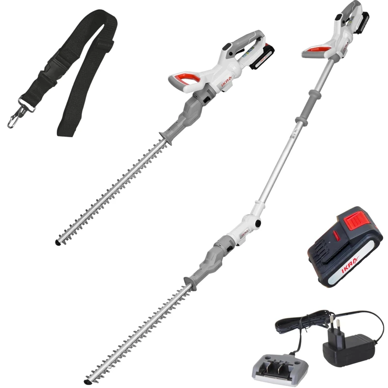 IKRA 2in1 hedge trimmer without cable ICPH 2050 with telescopic handle for high hedges, incl. 20V battery, charging station & shoulder strap