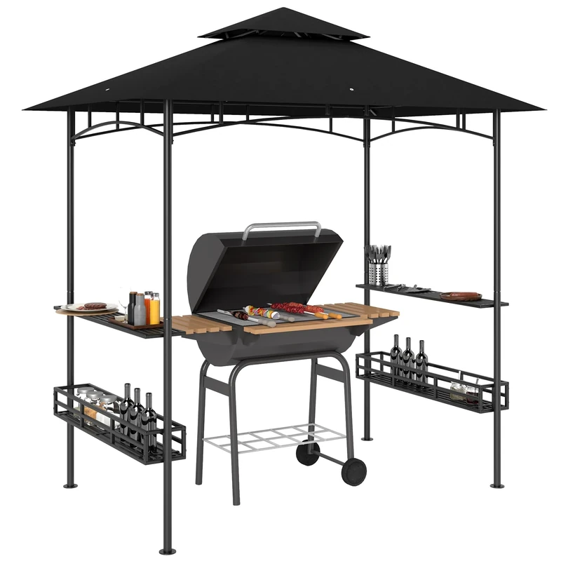 Outsunny 8' x 5' Grill Gazebo Canopy, Double Tiered Outdoor BBQ Gazebo Shelter with 2 Side Shelves, Storage Baskets, Hook for Garden, Patio, Barbecue, Picnic, Dark Grey