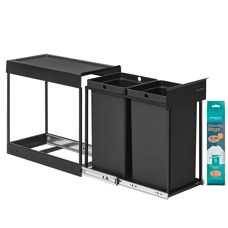 SONGMICS Kitchen Bin for Recycling and Waste, Built-in Rubbish Bin for Cabinet, 2 x 4 Gallon (15 L) Double Compartments, Smooth Pull-Out Design, Steel Frame, ABS Lid, Ink Black LTB950B01