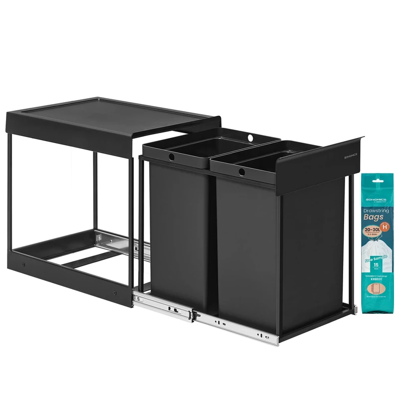 SONGMICS Kitchen Bin for Recycling and Waste, Built-in Rubbish Bin for Cabinet, 2 x 5.3 Gallon (20 L) Double Compartments, Smooth Pull-Out Design, Steel Frame, ABS Lid, Ink Black LTB951B01