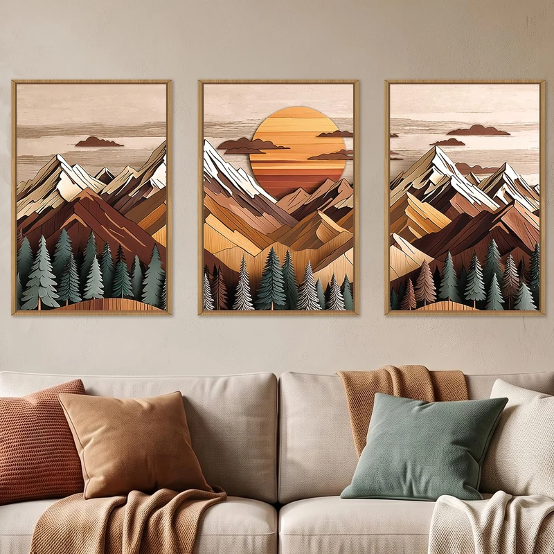 KAIRNE Woodcut Style Mountain Framed Canvas Wall Art Set,Wooden Pine Tree Wall Decor,Vintage Forest Landscape Art Prints,Nature Sunrise Artwork for Living Room,Bedroom,Farmhouse,Office-16 x24 x3