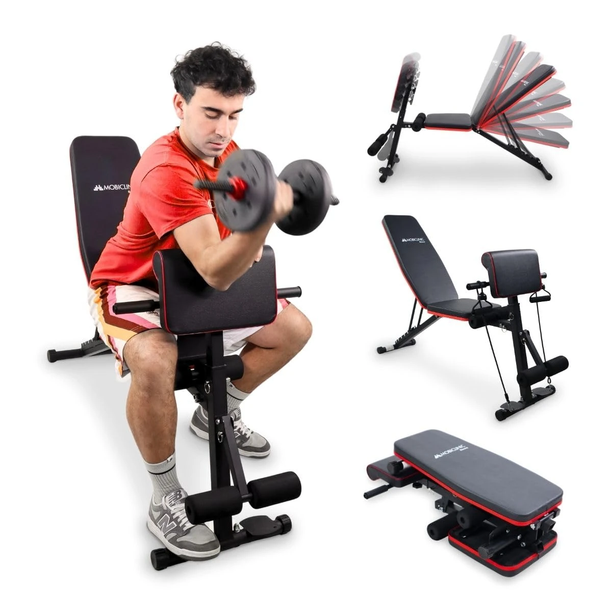 Mobiclinic®, Weight Training Bench, With Resistance Straps, Foldable, With Wheels, Multifunction, Bench Press, Adjustable, Decline and Tilt, Up to 120KG, Planefit, Fitness at Home