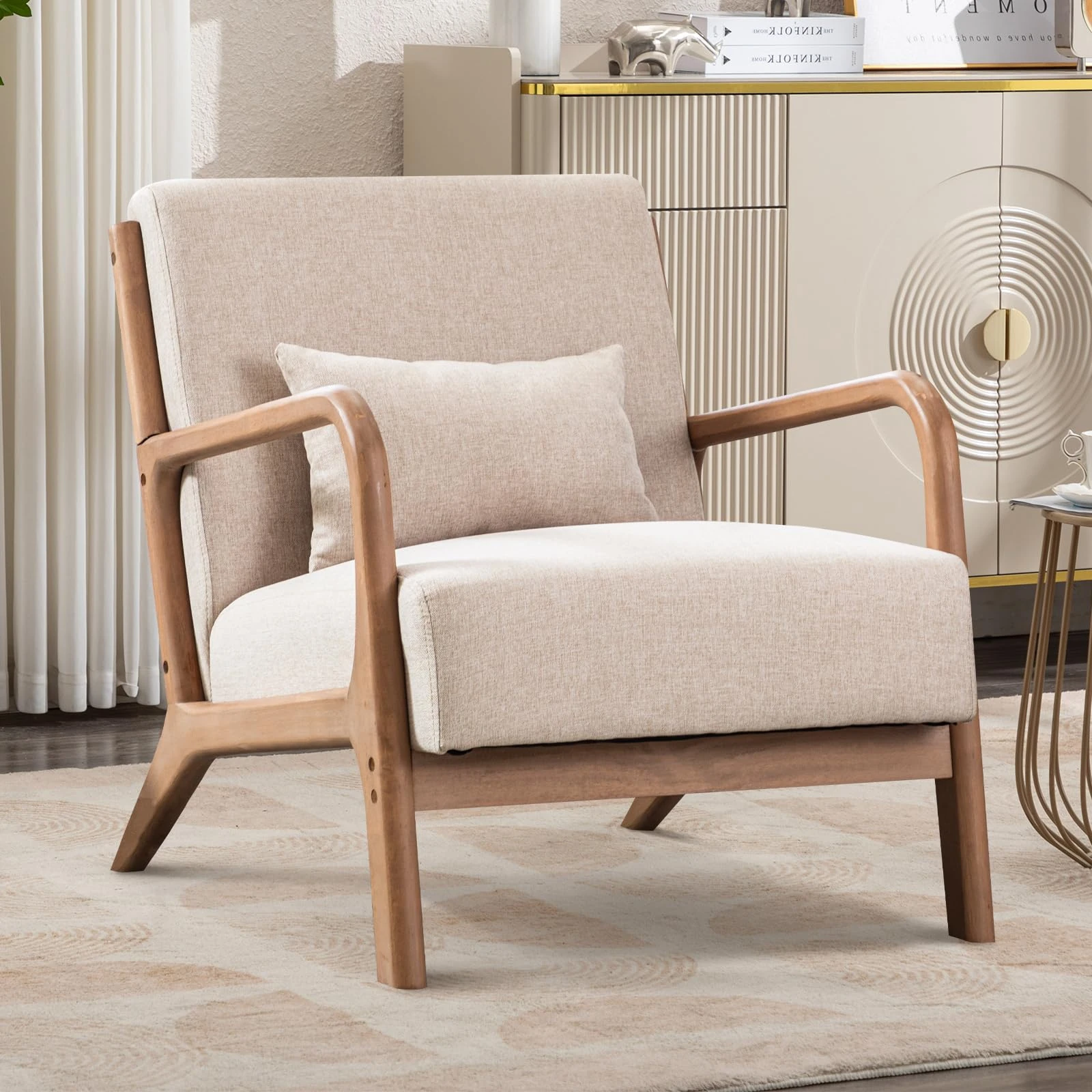 Living Room Armchair Modern Accent Chair, Lounge Single Sofa Reading Arm Chairs for Bedroom with Extra Thickened Seat Solid Wooden Frame, Tub Chairs Occasional Chair (1, Beige)