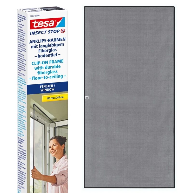 tesa Insect Stop Clip On Frame for floor-to-ceiling windows - Mosquito Net - Cut-to-size and Click onto Window - Durable Fibreglass Net, Comes with Self-adhesive Clips - 1.2 x 2.4 m - Anthracite