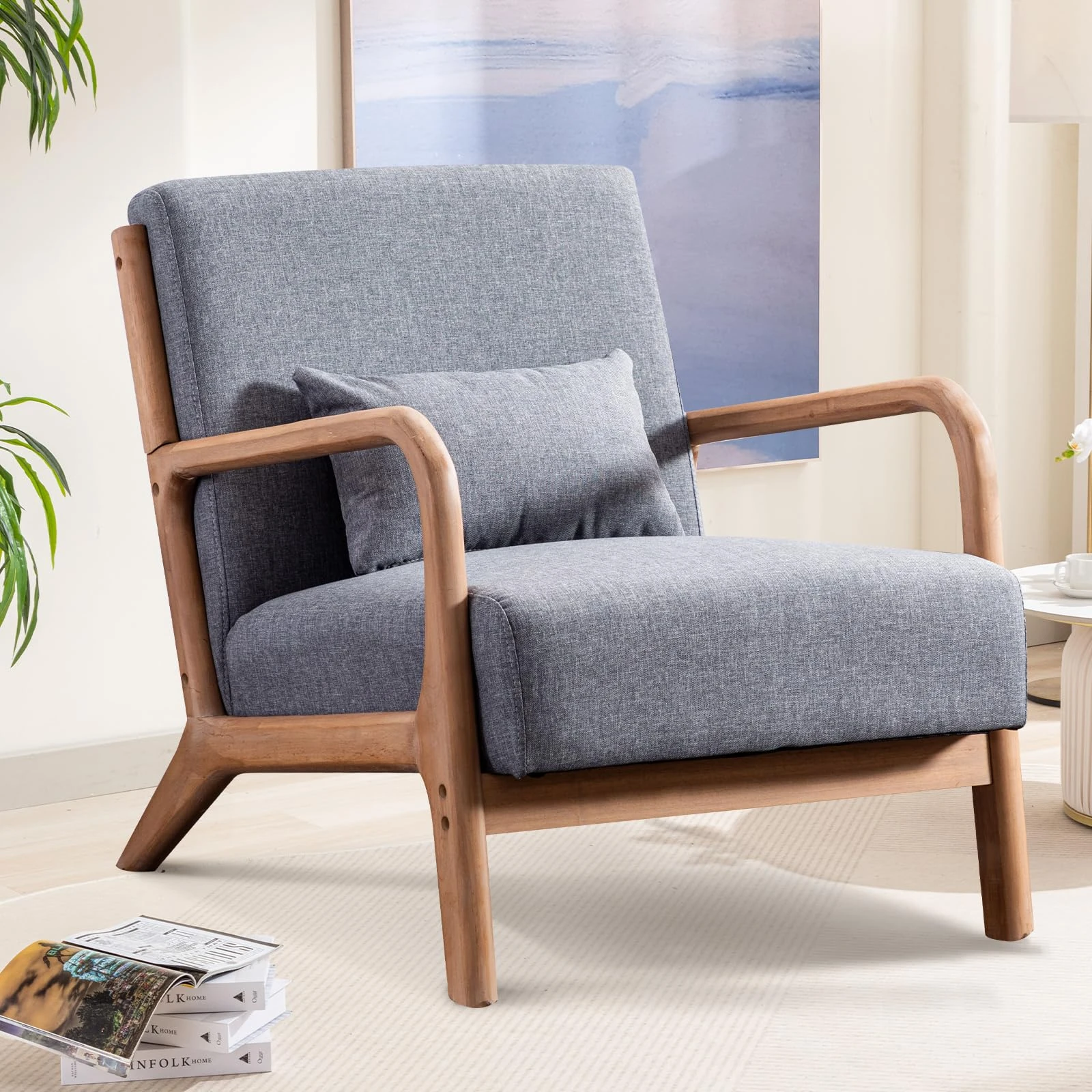 Living Room Armchair Modern Accent Chair, Lounge Single Sofa Reading Arm Chairs for Bedroom with Extra Thickened Seat Solid Wooden Frame, Tub Chair Occasional Chairs (1, Grey)