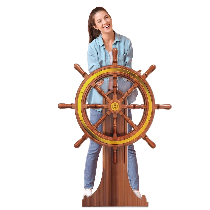 DoubleFill 4 Feet Nautical Party Decorations Ship Wheel Cardboard Cutout Stand up Large Captain Wheel Photo Props Party Back Drops for Pirate Nautical Party Home Outdoor Decor