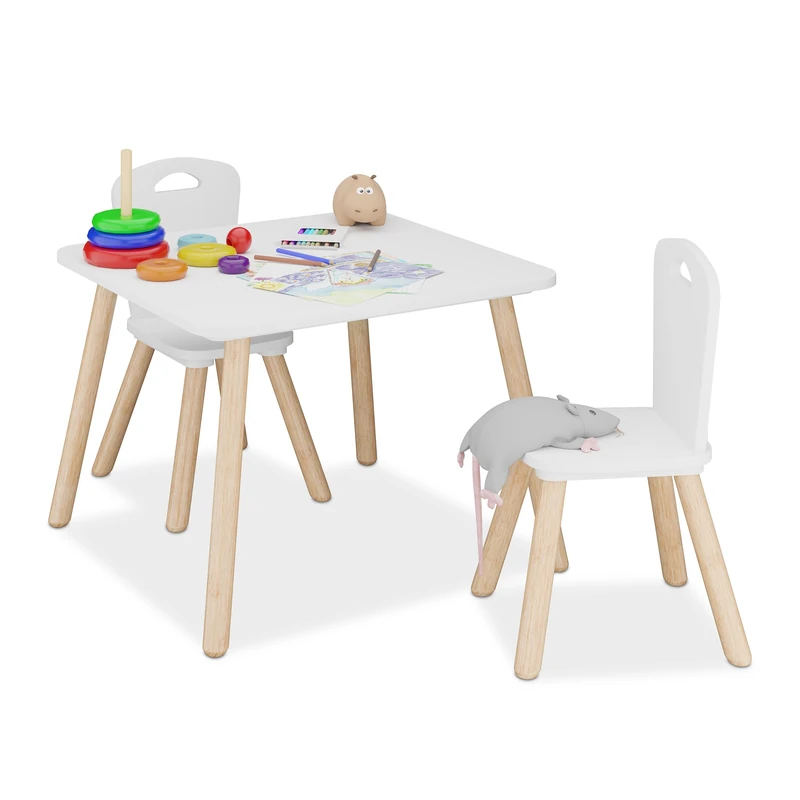 Relaxdays Kids Table and 2 Chair Sets, Durable Children's Furniture, Learning & Play, Sturdy Desk for Playroom & Bedroom, Fibreboard, Wood, 43.5x59x60 cm