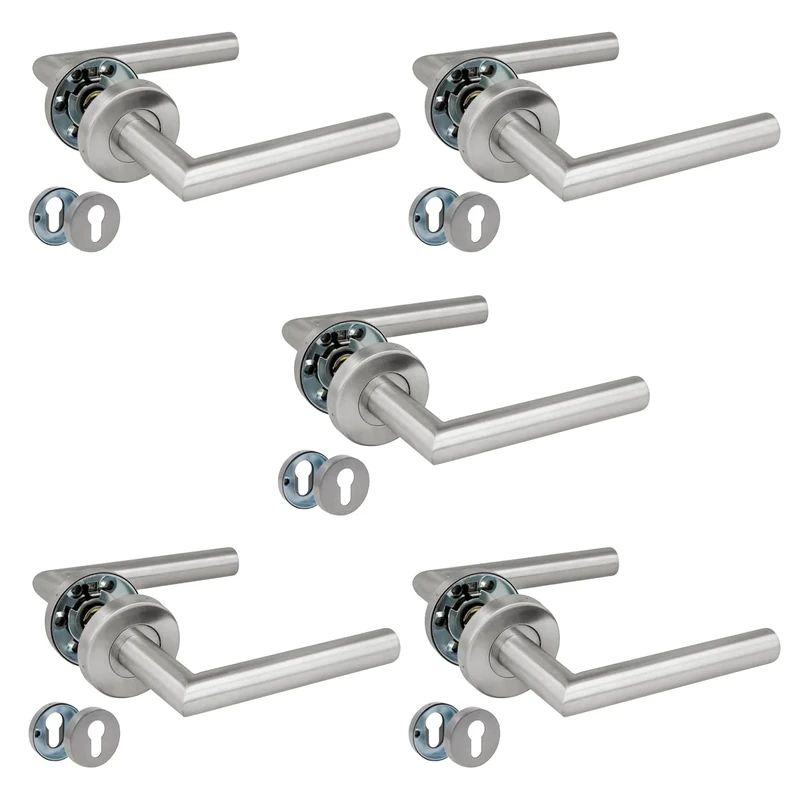 Amig - Set of 5 Handles with Rosette | 136 x Ø19 mm | Elegant and Simple Design | Ideal for Your Home or Office | Stainless Steel | Matte Silver | Includes Euro Cylinder Keyhole Cover