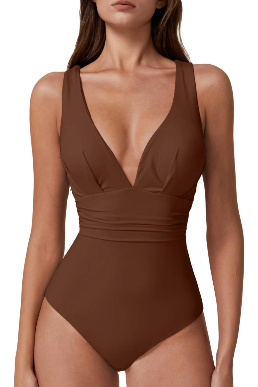 QINSEN Womens Sexy V Neck One Piece Bathing Suit Cross Back Swimsuit High Waist Monokini, Brown, Large
