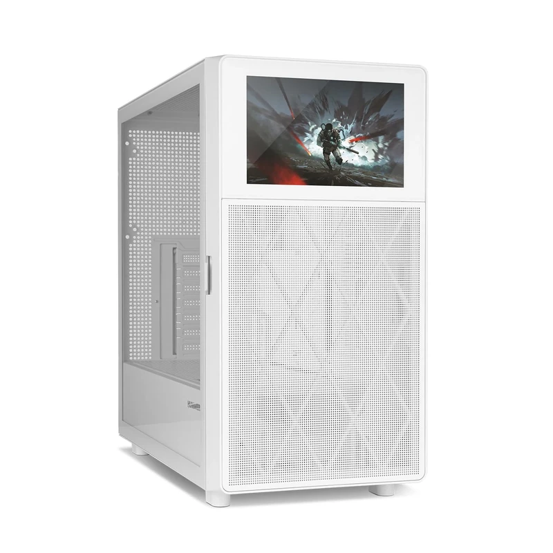 NOX XTREME PRODUCTS Hummer BIOS - Semitower ATX | M-ATX | ITX, Adjustable 8 Inch LCD Display, Metal Mesh Front Panel, Tempered Glass Side Panel, Space for 11 Fans, USB-C and 3.0, White - Image 1