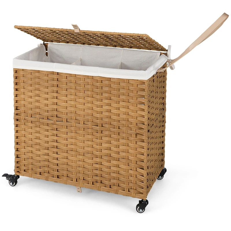 RELAX4LIFE Laundry Basket on Wheels, 125L 3-Section Large Laundry Hamper with Lid, Removable Liner Bag & Handles, Rattan Divided Clothes Sorter Washing Bin for Dorm, Bathroom, Bedroom (Natural)