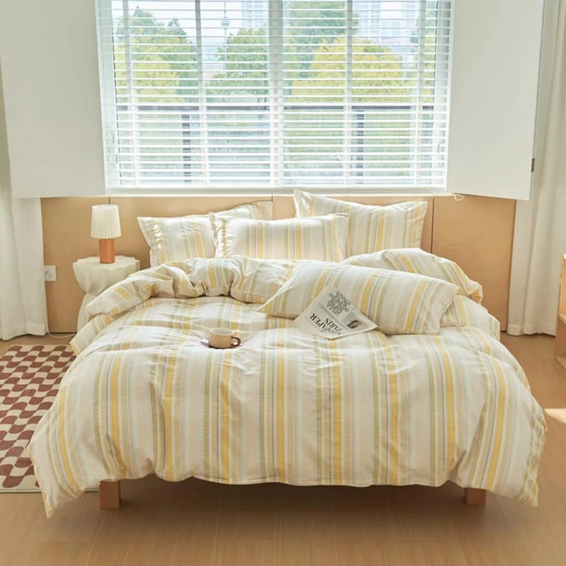 Mucalis Washed Cotton Queen Duvet Cover Colorful Striped 100% Cotton Soft Duvet Cover Set Full Modern 3 Piece Bedding Set with Zipper Closure Corner Ties,Breathable Comfortable,Yellow