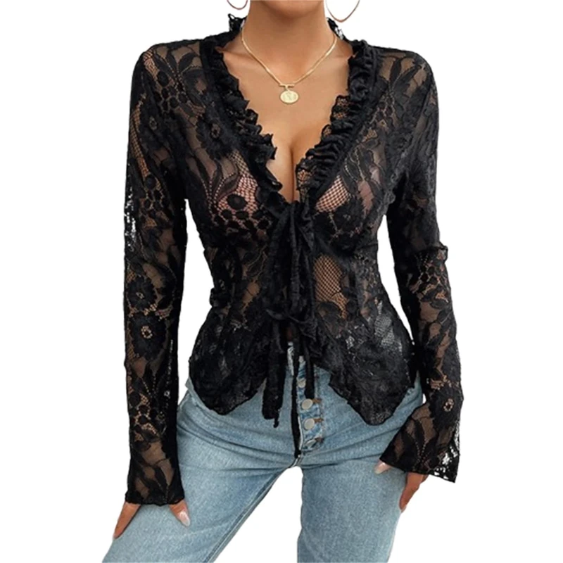 Nicoxijia Womens Y2k Sexy Open Front Tie Long Sleeve Ruffle Trim Lace Tops See Through Sheer Mesh Crop Top Blouses Streetwear (Black, M)