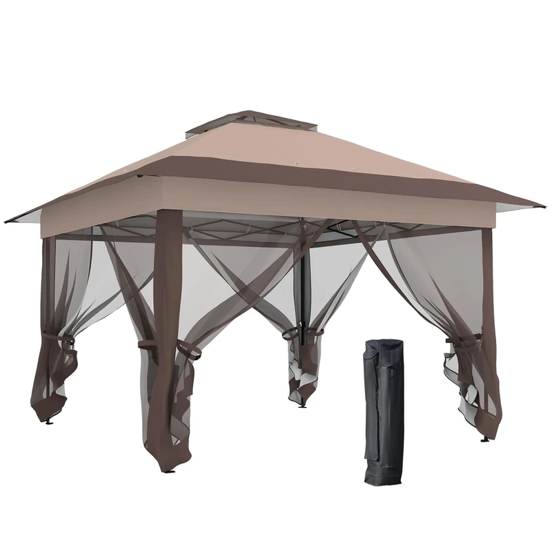 Outsunny 3.6 x 3.6 m Pop up Gazebo with Netting and Wheeled Carry Bag, UPF50+ Height Adjustable Party Tent Instant Canopy Sun Shade Shelter, Khaki