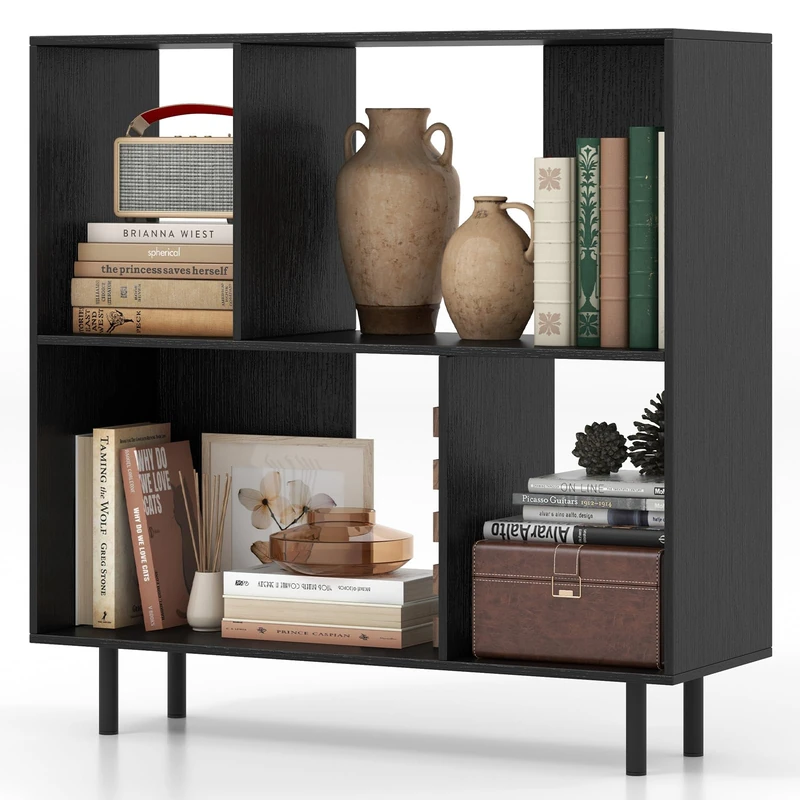 CASART 4/6-Cube Wooden Bookcase, 3 Tiers Open Bookshelf with Adjustable Shelves, Metal Legs & Anti-Topping Device, Freestanding Display Shelf for Living Room Bedroom Study (Black, 90 x 30 x 90cm)