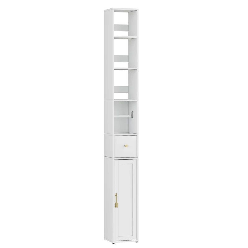 VECELO Bathroom Tall Cabinet, Freestanding Slim Storage Cupboard with Adjustable Shelves and Toilet Paper Scroll, Narrow Organizer Unit for Bedroom Living Room Hallway