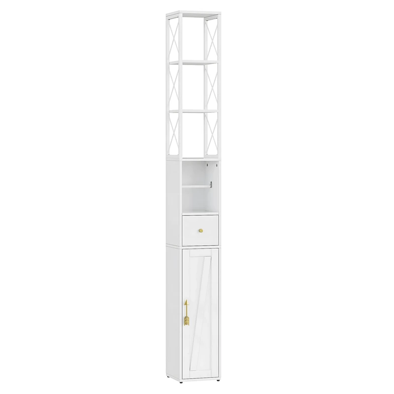 VECELO 170cm Tall Slim Bathroom Cabinet, Freestanding Bathroom Storage with 3 Open Shelves, 1 Door Cupboards, 1 Drawer and Toilet Paper Scroll for Narrow Small Space, Living Room, Bedroom