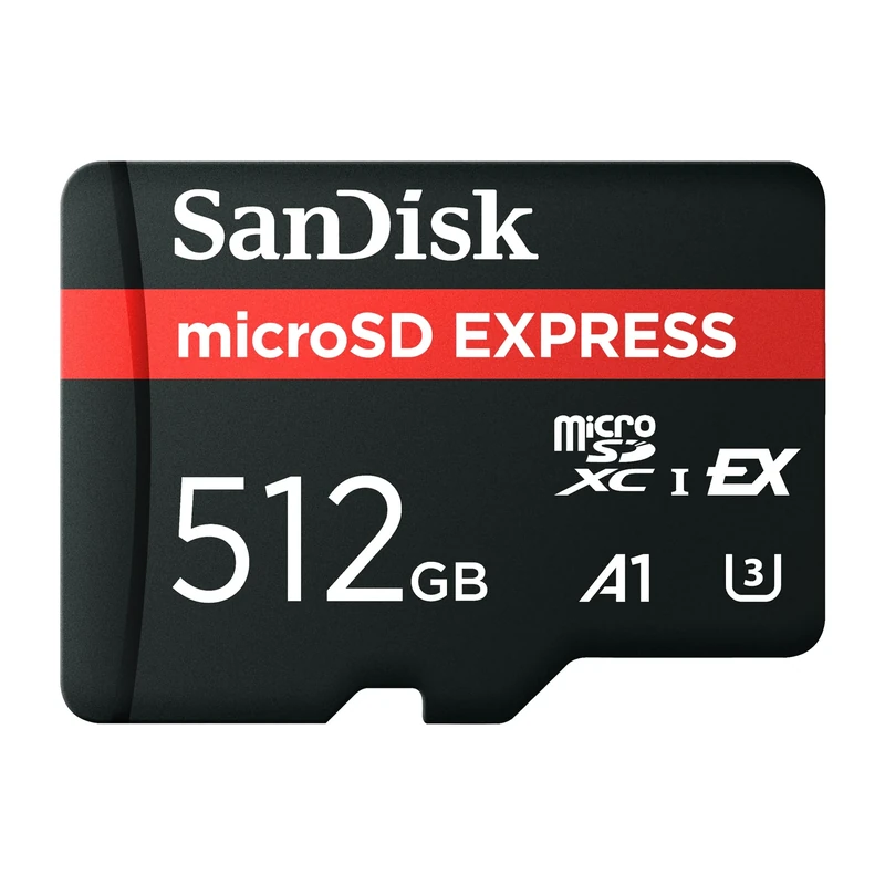 SanDisk microSD Express Card, 512GB mSD card, Read speeds up to 880 MB/s, Write Speeds up to 650MB/s, Sustained Write 220MB/s, SanDisk QuickFlow Technology, ThermAdapt, UHS-I, U3, C10