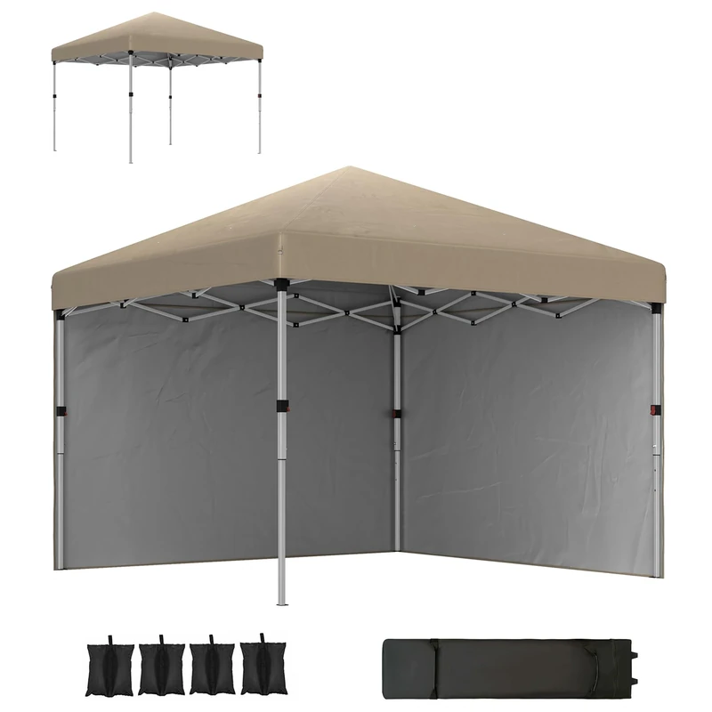 Outsunny 3 x 3 (M) Pop Up Gazebo, UPF 30+ with 2 Sidewalls, Leg Weight Bags and Wheeled Bag, Height Adjustable Party Tent Event Shelter for Garden, Patio, Khaki