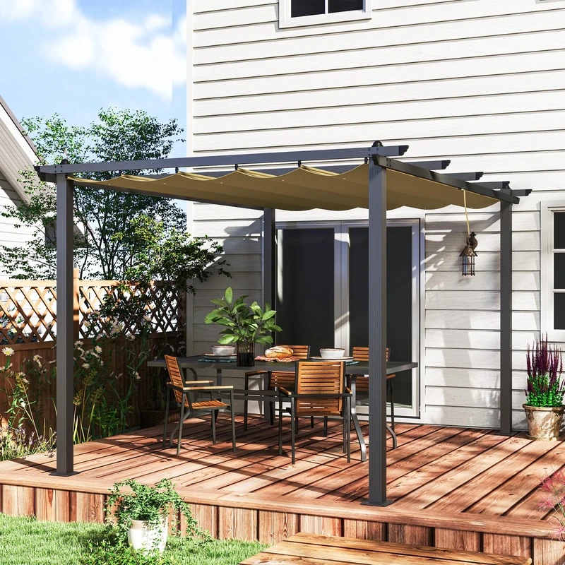 Outsunny 3 x 4m Pergola with Retractable Roof, Aluminium Frame Garden Gazebo Canopy Outdoor Sun Shade Shelter for Grill, Patio, Deck, Khaki